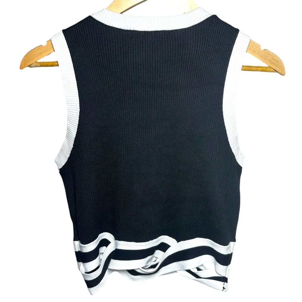 MIHOLL Black White Striped Trim Ribbed Knit Crop Tank Top‎ Womens XL - Picture 2 of 6